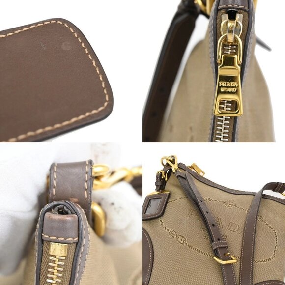 PRADA Logo Jacquard Crossbody Shoulder Bag Canvas Leather Brown - Picture 8 of 13